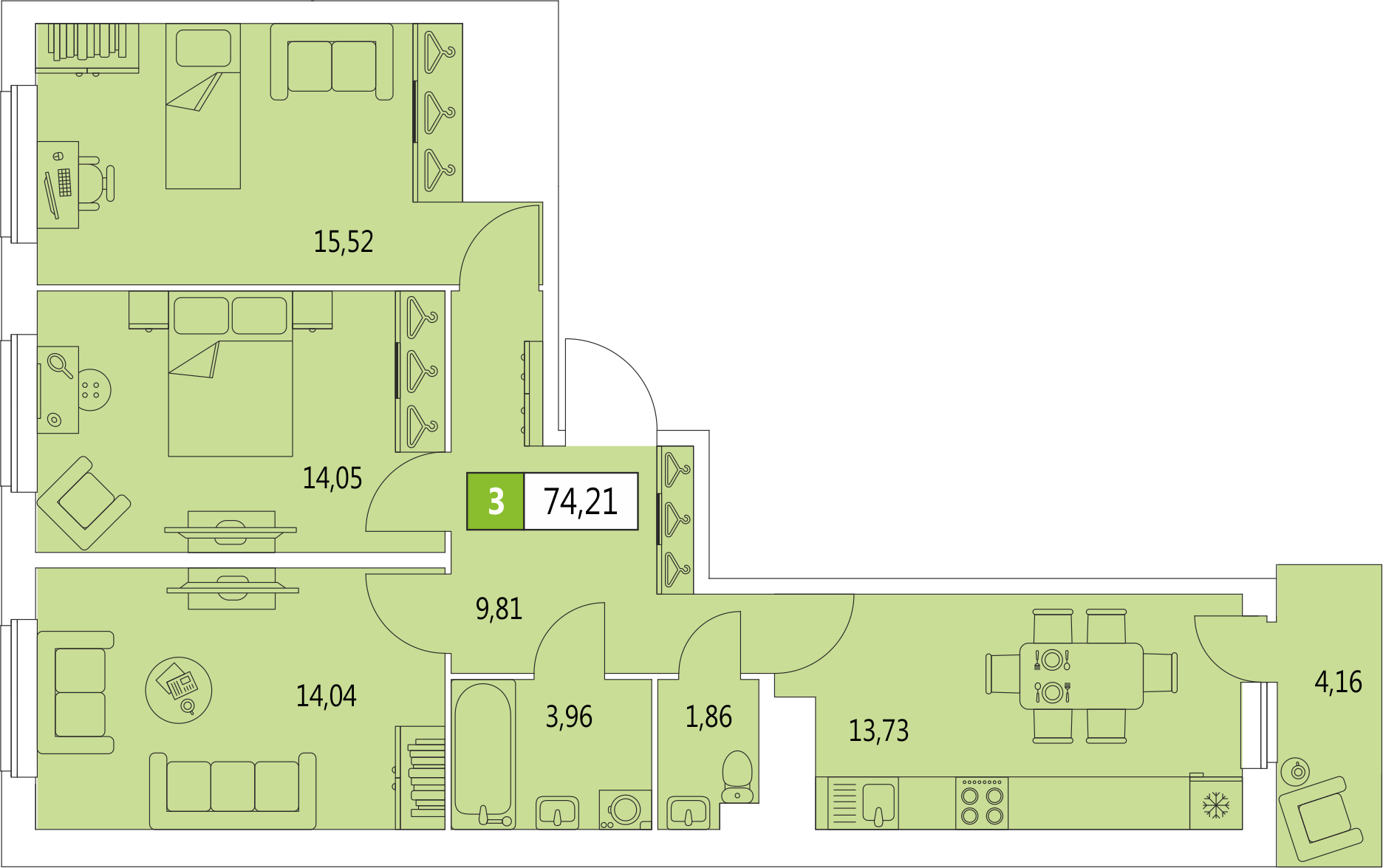 3-комнатная, 74.21 м² — ЖК ЖК 4You (Фо Ю)