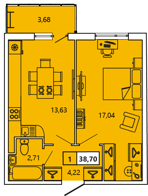 1-комнатная, 38.7 м² — ЖК ЖК «Ол Инклюзив (All Inclusive)»