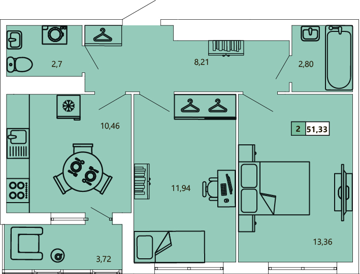2-комнатная, 51.79 м² — ЖК ЖК «Ол Инклюзив (All Inclusive)»