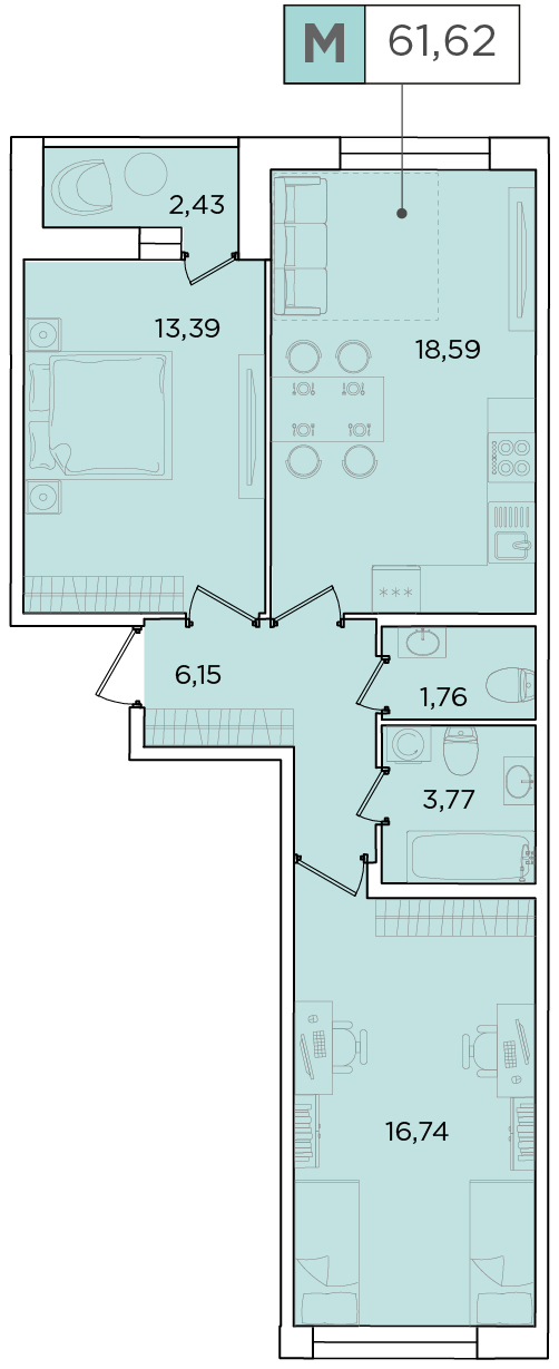 2-комнатная, 61.62 м² — ЖК ЖК Forest Аквилон (Форест Аквилон)