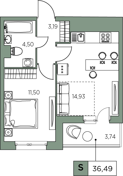 1-комнатная, 36.49 м² — ЖК ЖК Аквилон Sky (Аквилон Скай)