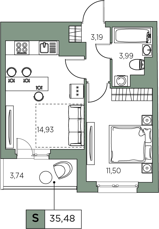 1-комнатная, 35.48 м² — ЖК ЖК Аквилон Sky (Аквилон Скай)
