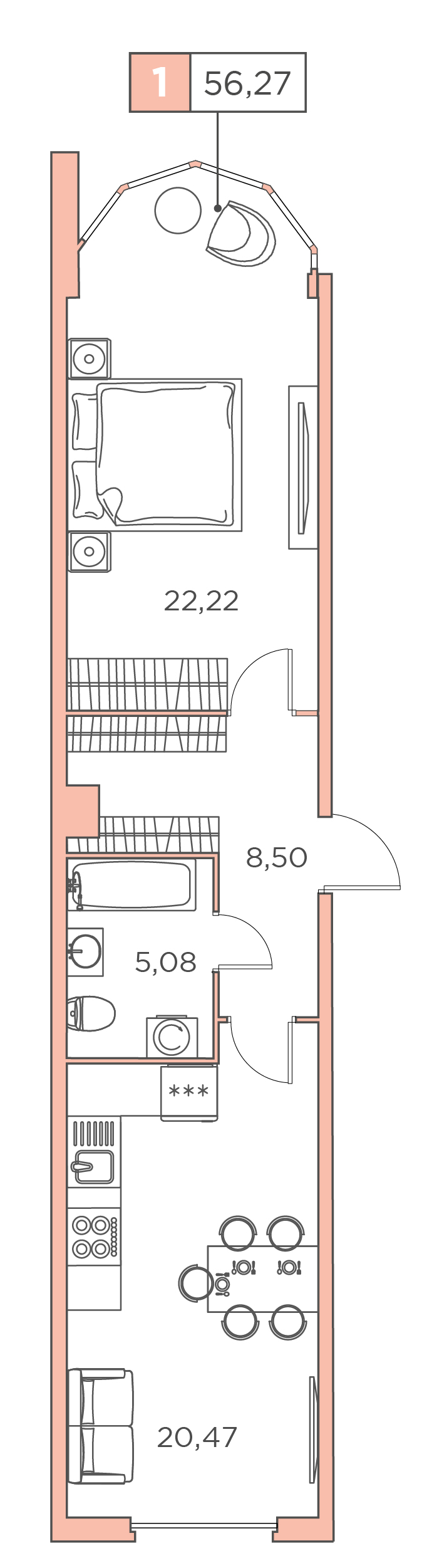 1-комнатная, 56.27 м² — ЖК ЖК Promenade (Променад)