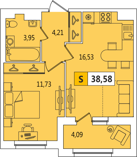 1-комнатная, 38.58 м² — ЖК ЖК ArtКвартал.Аквилон (АртКвартал.Аквилон)