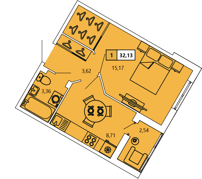 1-комнатная, 32.13 м² — ЖК ЖК «Ол Инклюзив (All Inclusive)»