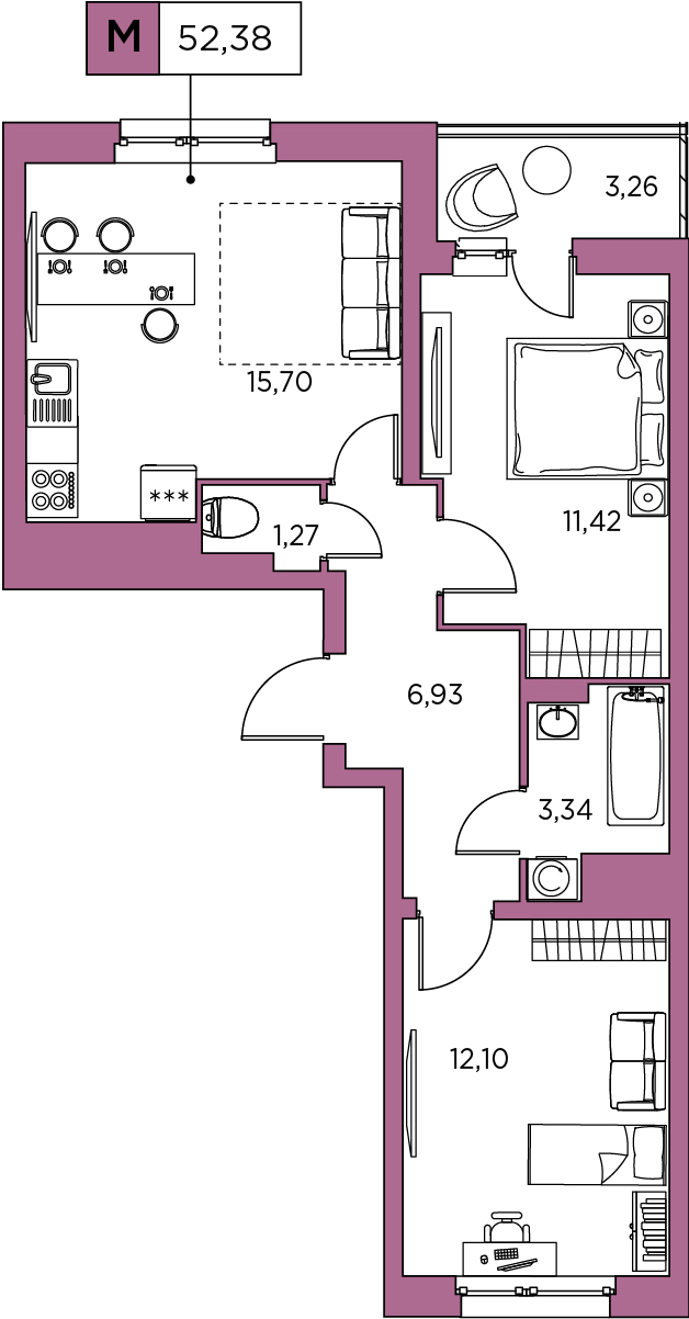 2-комнатная, 52.38 м² — ЖК ЖК Аквилон Sky (Аквилон Скай)