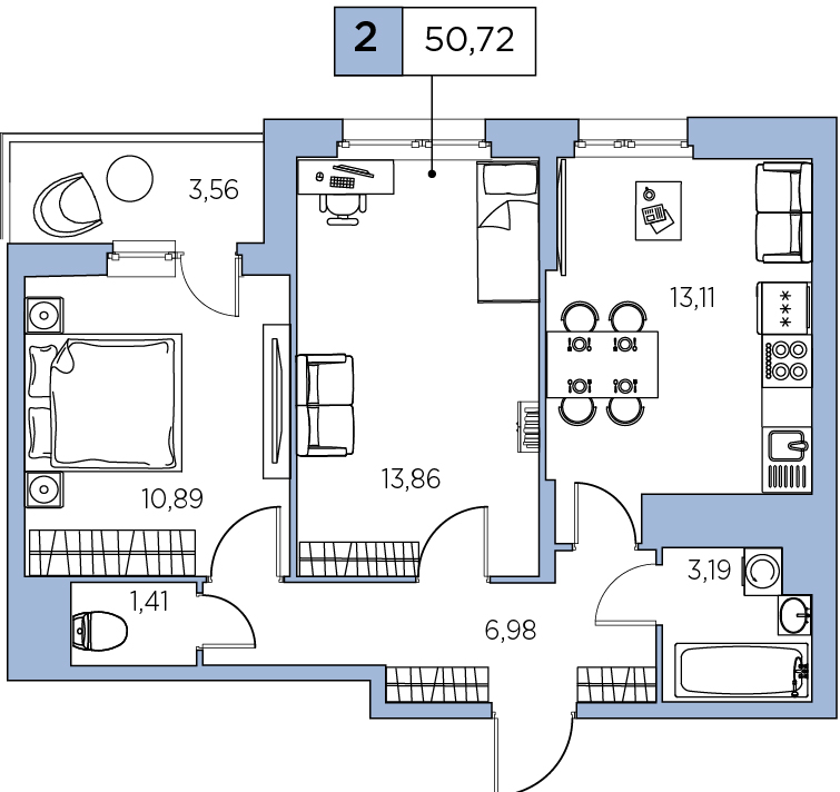 2-комнатная, 50.72 м² — ЖК ЖК Аквилон Sky (Аквилон Скай)