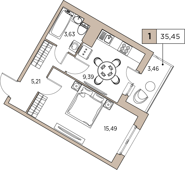 1-комнатная, 35.45 м² — ЖК ЖК Аквилон Sky (Аквилон Скай)