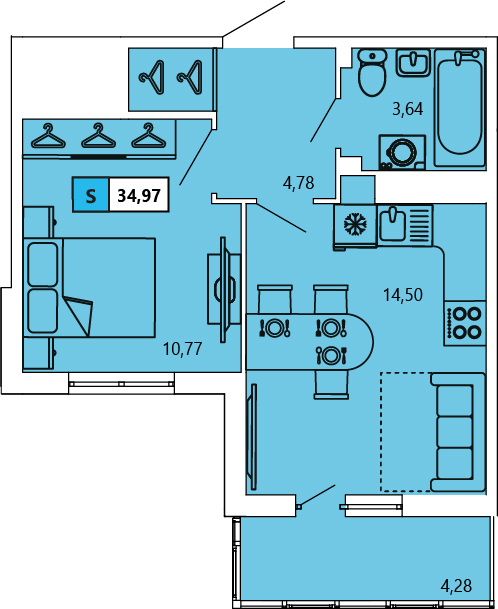 1-комнатная, 34.74 м² — ЖК ЖК «Ол Инклюзив (All Inclusive)»