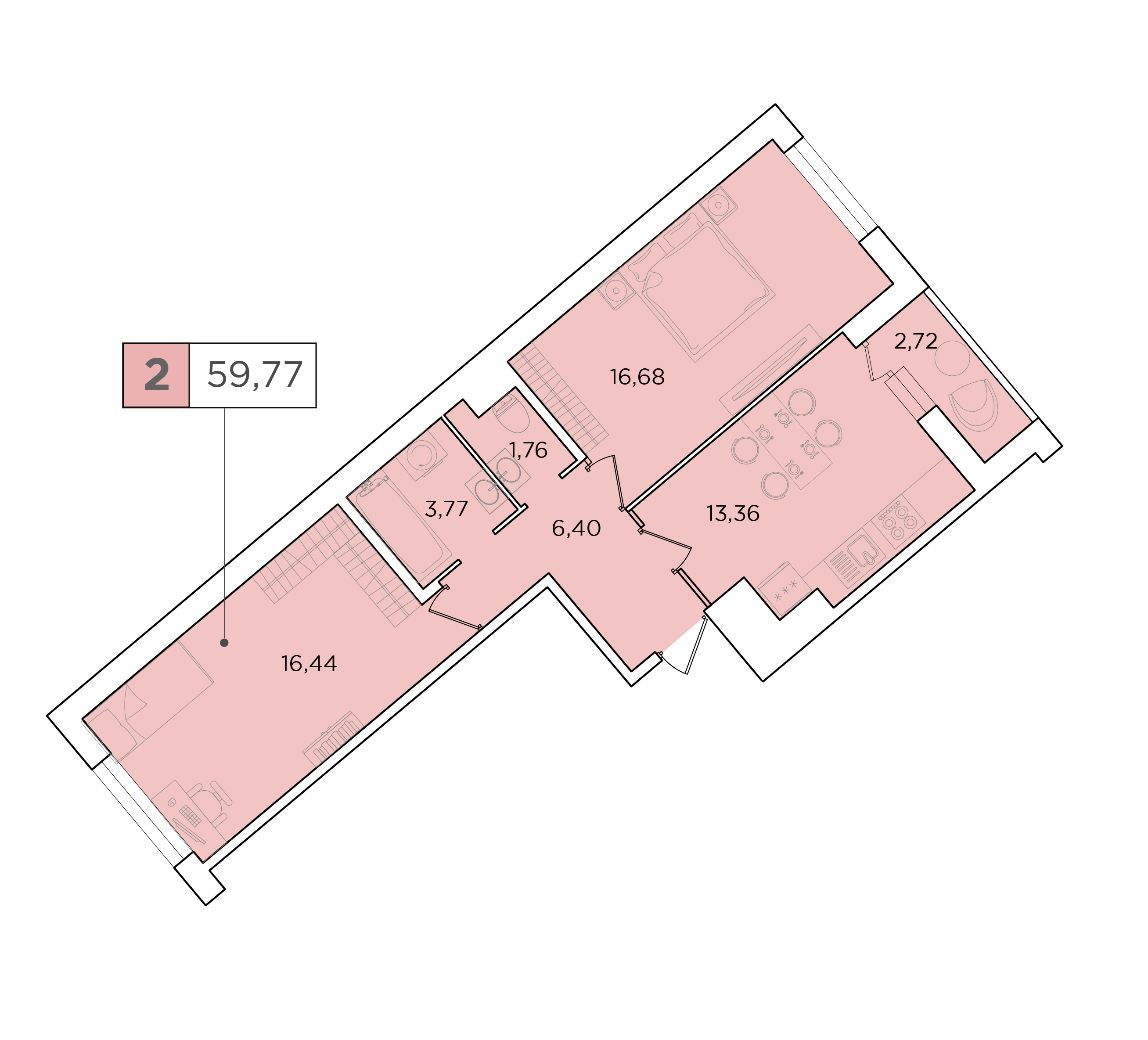 2-комнатная, 59.77 м² — ЖК ЖК Forest Аквилон (Форест Аквилон)