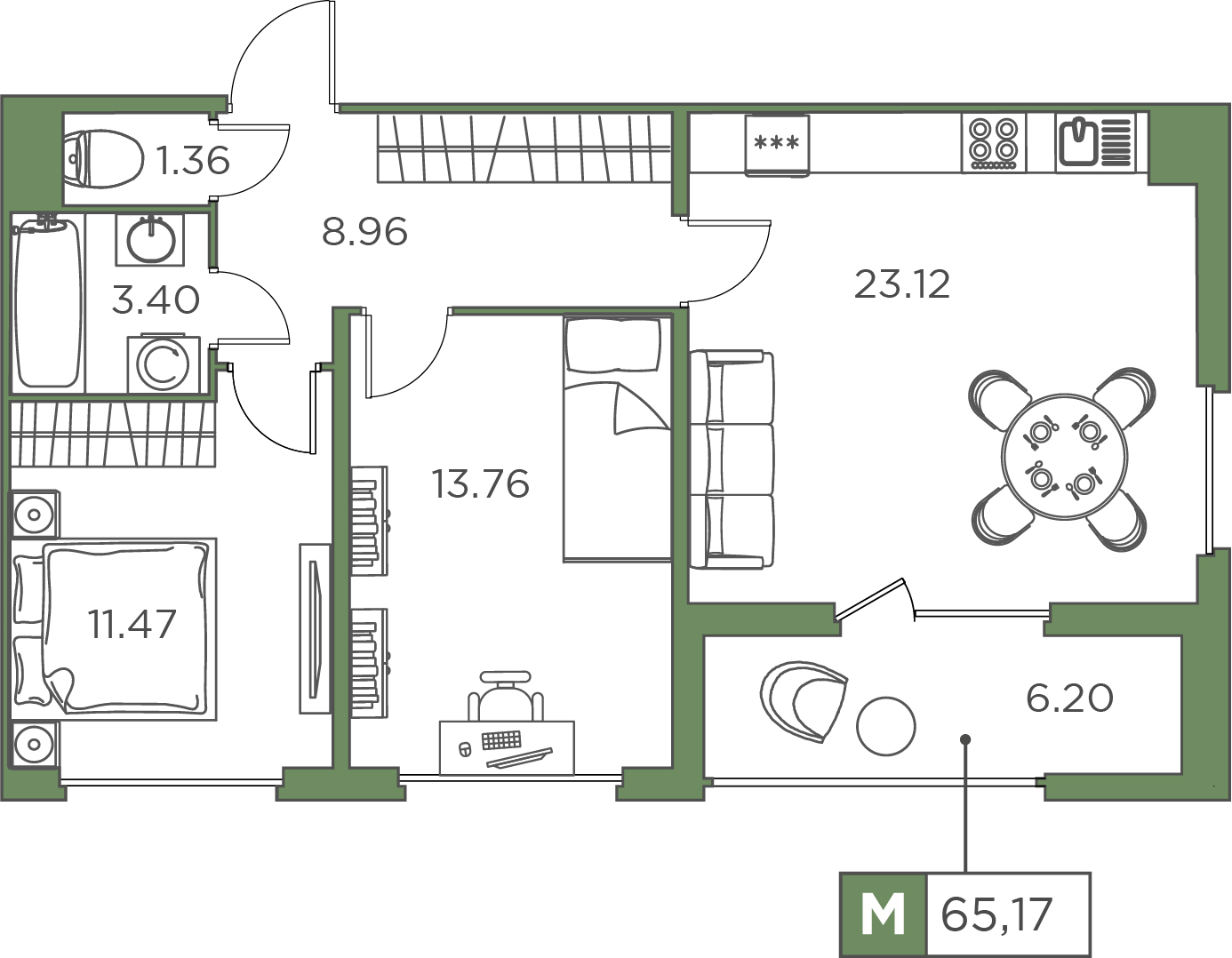 2-комнатная, 65.17 м² — ЖК ЖК Promenade (Променад)