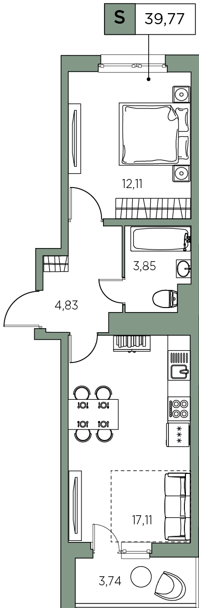 1-комнатная, 39.77 м² — ЖК ЖК Аквилон Sky (Аквилон Скай)