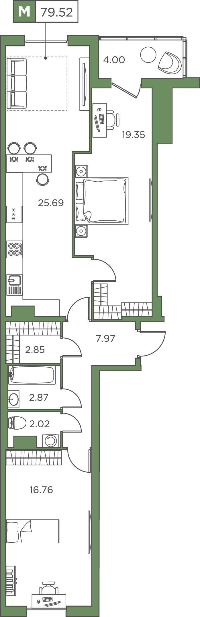 2-комнатная, 79.52 м² — ЖК ЖК Promenade (Променад)