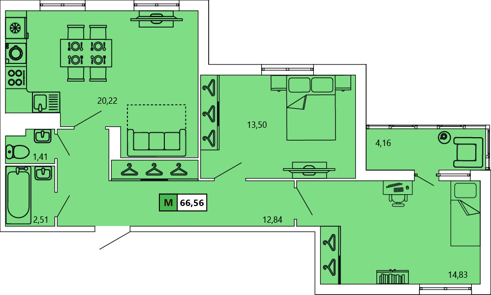 2-комнатная, 66.46 м² — ЖК ЖК «Ол Инклюзив (All Inclusive)»