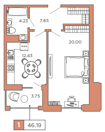 1-комнатная, 46.19 м² — ЖК ЖК Promenade (Променад)