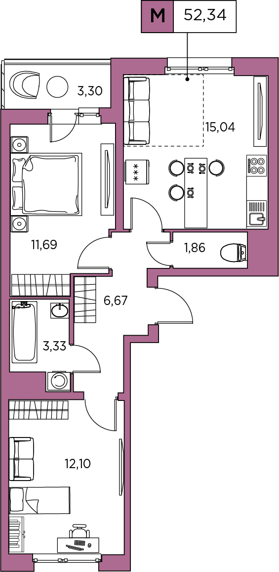 2-комнатная, 52.34 м² — ЖК ЖК Аквилон Sky (Аквилон Скай)