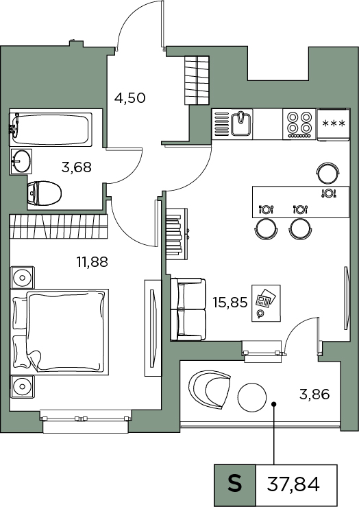 1-комнатная, 37.84 м² — ЖК ЖК Аквилон Sky (Аквилон Скай)