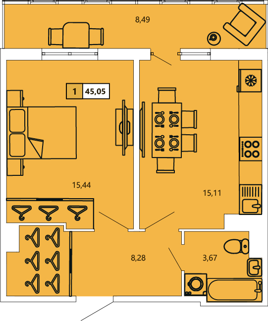 1-комнатная, 45.05 м² — ЖК ЖК «Ол Инклюзив (All Inclusive)»