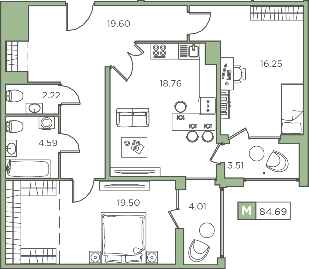 2-комнатная, 84.69 м² — ЖК ЖК Promenade (Променад)