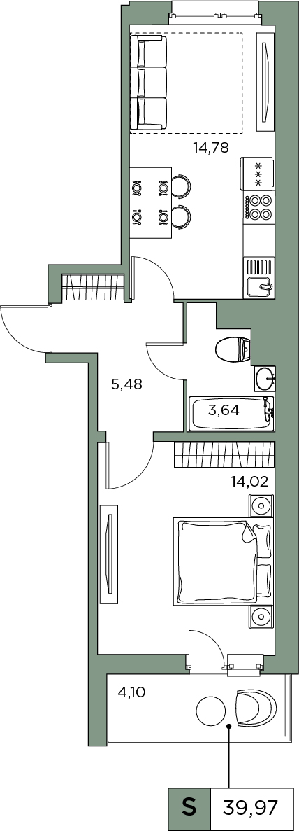 1-комнатная, 39.97 м² — ЖК ЖК Аквилон Sky (Аквилон Скай)