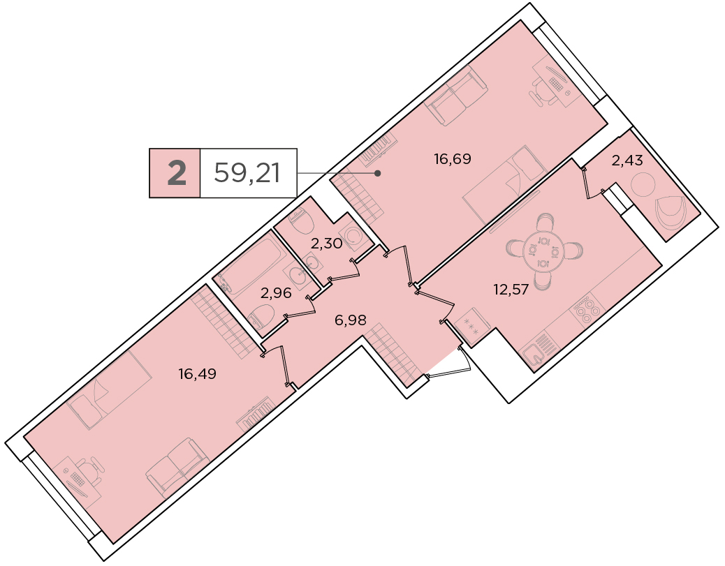 2-комнатная, 59.21 м² — ЖК ЖК Forest Аквилон (Форест Аквилон)
