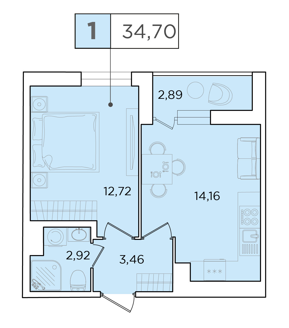1-комнатная, 34.7 м² — ЖК ЖК Forest Аквилон (Форест Аквилон)