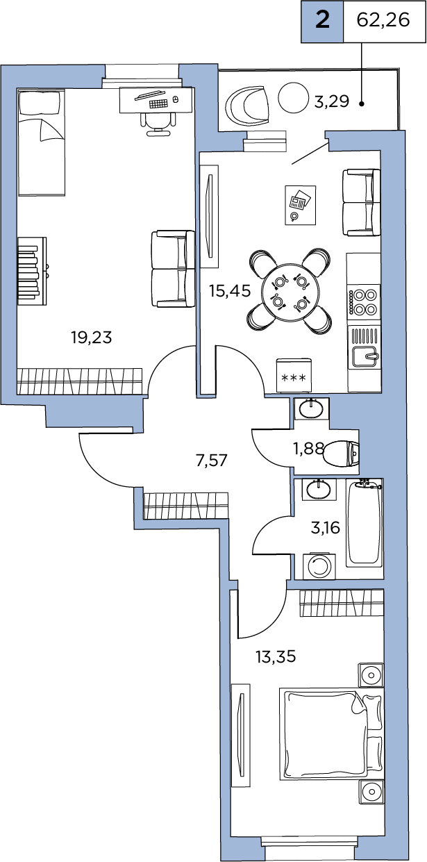 2-комнатная, 62.26 м² — ЖК ЖК Аквилон Sky (Аквилон Скай)