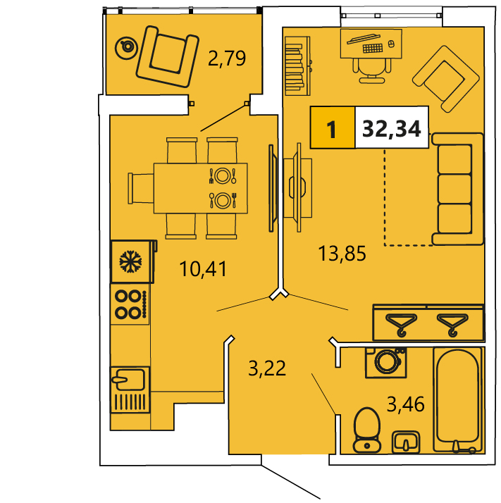 1-комнатная, 32.34 м² — ЖК ЖК «Ол Инклюзив (All Inclusive)»