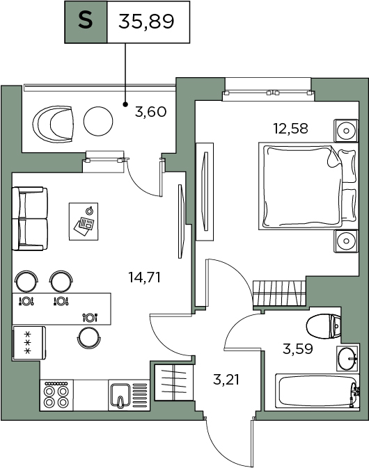 1-комнатная, 35.89 м² — ЖК ЖК Аквилон Sky (Аквилон Скай)