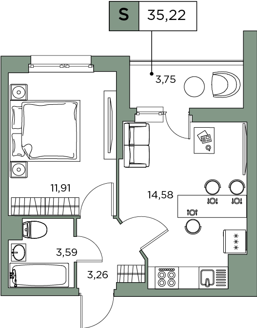 1-комнатная, 35.22 м² — ЖК ЖК Аквилон Sky (Аквилон Скай)