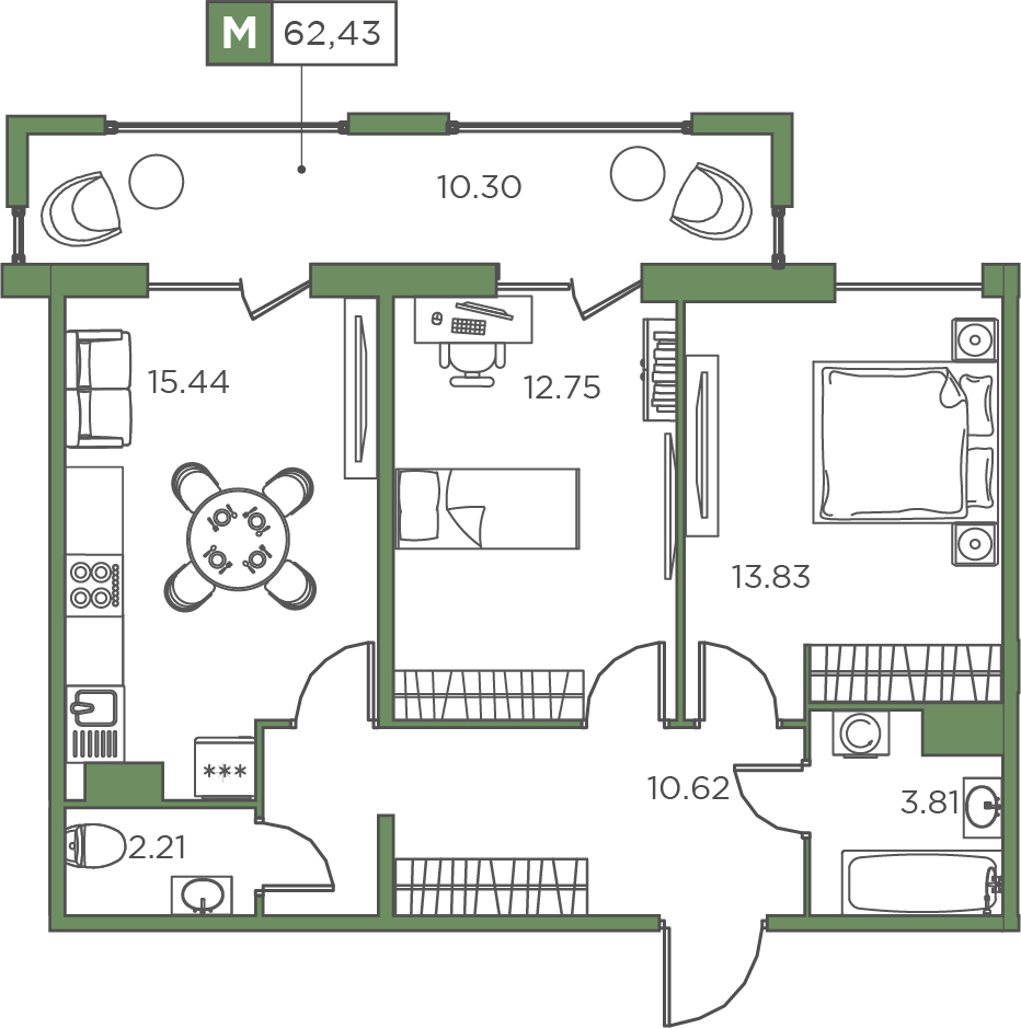 2-комнатная, 62.43 м² — ЖК ЖК Promenade (Променад)