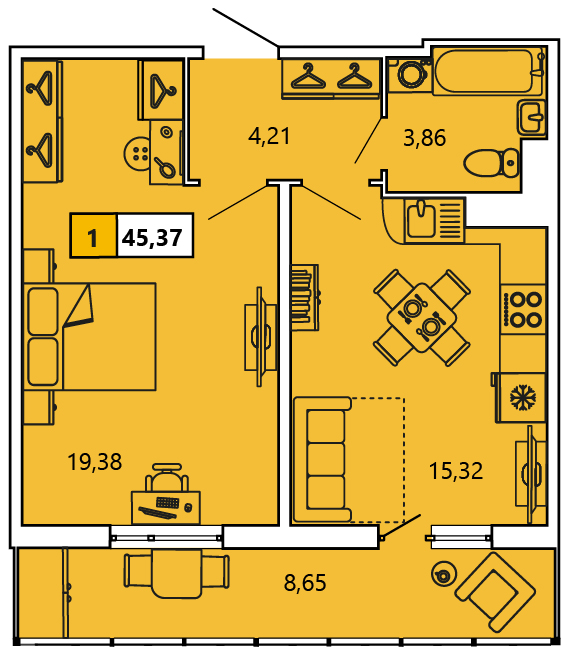 1-комнатная, 45.37 м² — ЖК ЖК «Ол Инклюзив (All Inclusive)»
