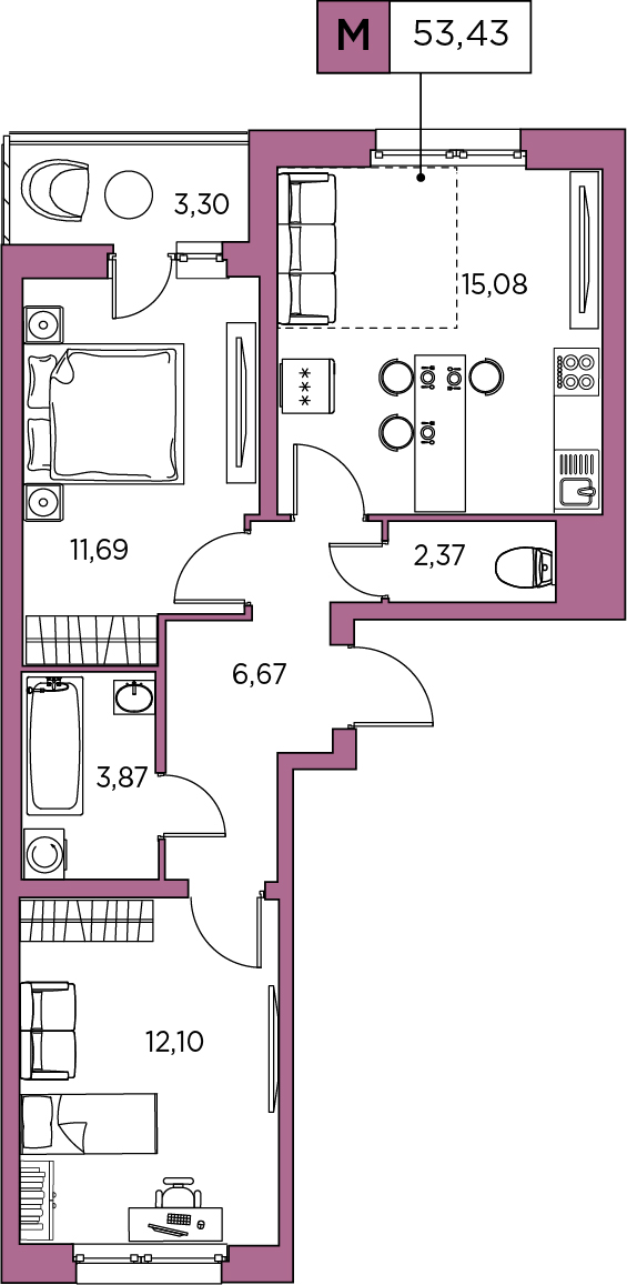 2-комнатная, 53.43 м² — ЖК ЖК Аквилон Sky (Аквилон Скай)