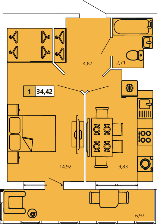 1-комнатная, 34.36 м² — ЖК ЖК «Ол Инклюзив (All Inclusive)»