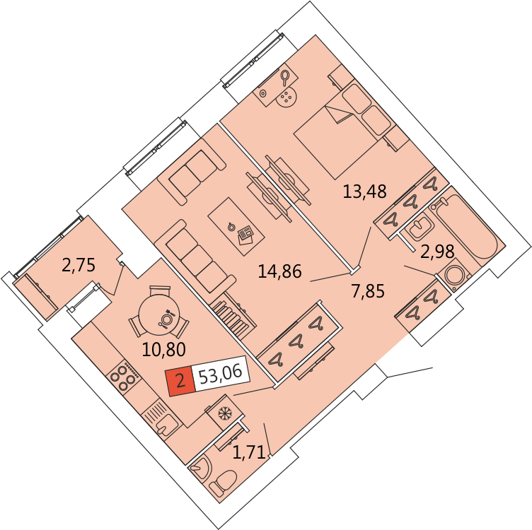 2-комнатная, 53.06 м² — ЖК ЖК СолнцеPark (Солнце Парк)
