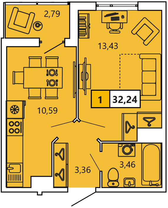1-комнатная, 32.42 м² — ЖК ЖК «Ол Инклюзив (All Inclusive)»