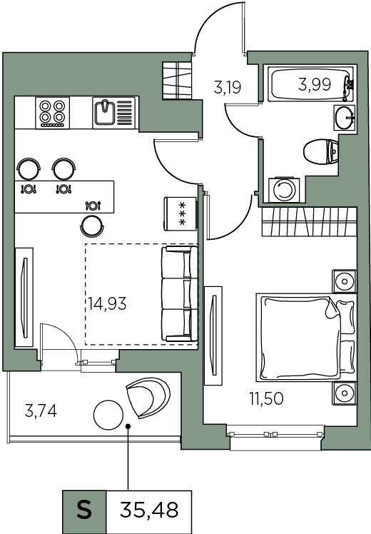 1-комнатная, 35.48 м² — ЖК ЖК Аквилон Sky (Аквилон Скай)