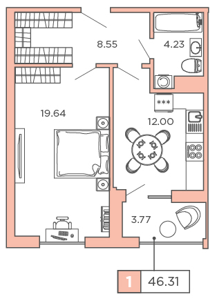 1-комнатная, 46.31 м² — ЖК ЖК Promenade (Променад)