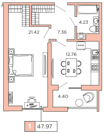 1-комнатная, 47.97 м² — ЖК ЖК Promenade (Променад)