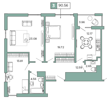 3-комнатная, 90.56 м² — ЖК ЖК Promenade (Променад)