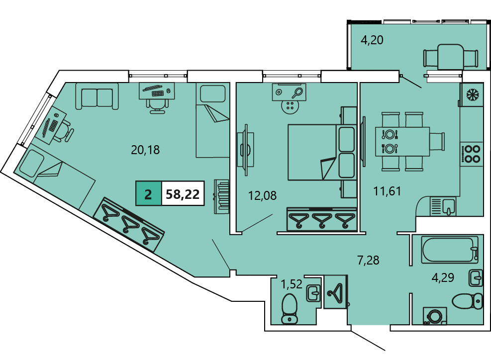 2-комнатная, 58.42 м² — ЖК ЖК «Ол Инклюзив (All Inclusive)»