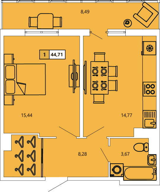1-комнатная, 44.77 м² — ЖК ЖК «Ол Инклюзив (All Inclusive)»