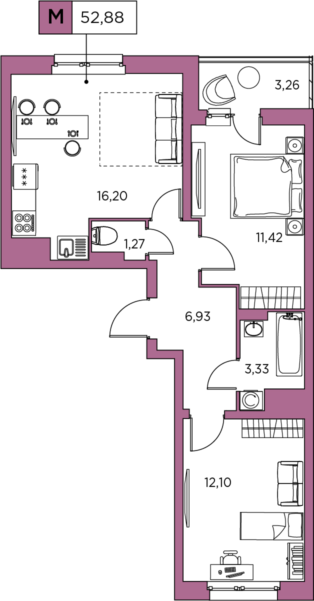 2-комнатная, 52.88 м² — ЖК ЖК Аквилон Sky (Аквилон Скай)
