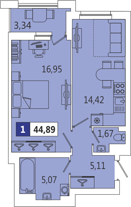 1-комнатная, 44.89 м² — ЖК ЖК ArtКвартал.Аквилон (АртКвартал.Аквилон)