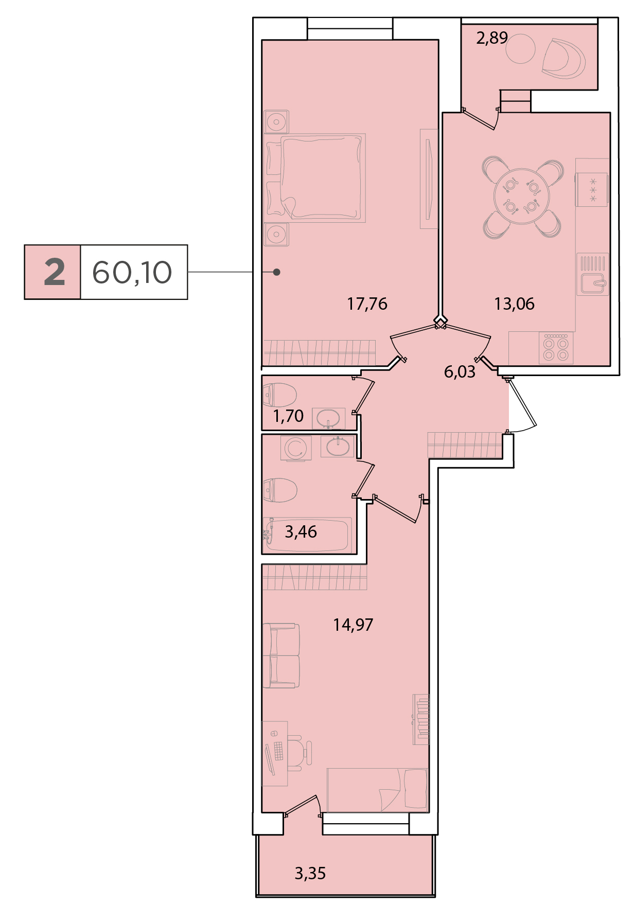 2-комнатная, 60.1 м² — ЖК ЖК Forest Аквилон (Форест Аквилон)