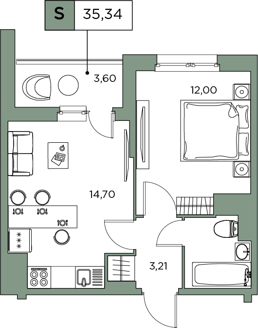 1-комнатная, 35.34 м² — ЖК ЖК Аквилон Sky (Аквилон Скай)