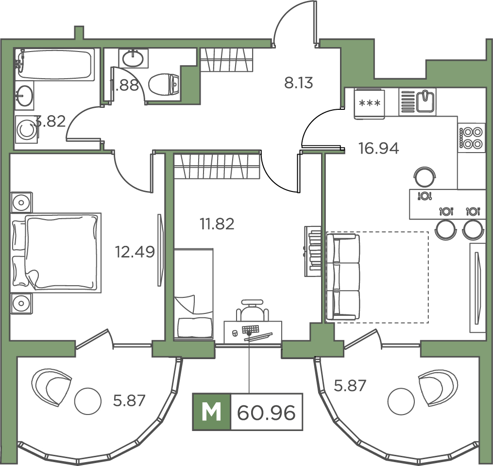 2-комнатная, 60.96 м² — ЖК ЖК Promenade (Променад)