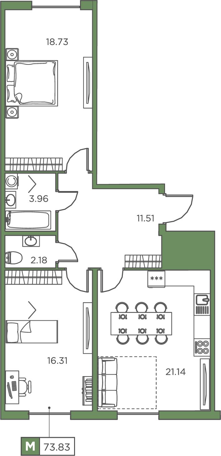 2-комнатная, 73.83 м² — ЖК ЖК Promenade (Променад)