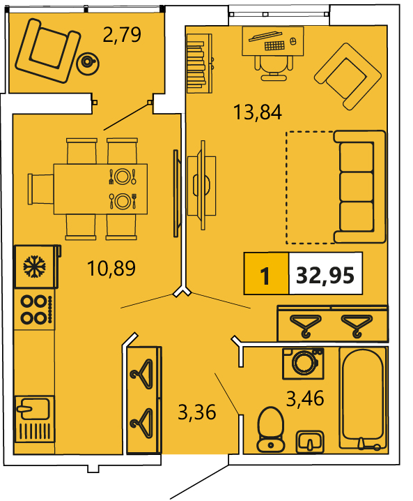 1-комнатная, 32.95 м² — ЖК ЖК «Ол Инклюзив (All Inclusive)»