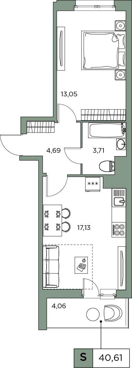 1-комнатная, 40.61 м² — ЖК ЖК Аквилон Sky (Аквилон Скай)